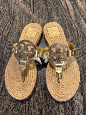 Tory Burch Gold Logo Rope Thong Sandals
